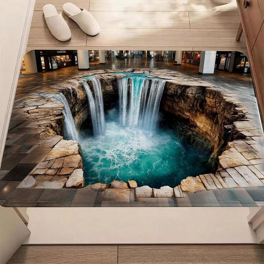 3D Waterfall Optical Illusion Doormat, Hole Cave Rock Turquoise Waterfall Floor Pattern Area Rug, Fun Realistic Nature Style Non-Slip Absorbent Washable Floor Mat For Entryway Indoor Home Decor - Multicolor - View 1
