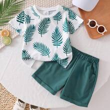 Toddler Boys' Leaf Print Short Sleeve Outfit, Comfortable & Fashionable Top And Khaki Shorts, Suitable For Playground, Park And Daily Wear - Dark Green - View 8