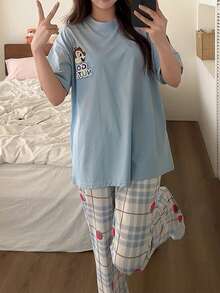 Gongdie Bộ 2 món đồ ngủ nữ Disney, bộ đồ ngủ ngắn tay cotton mùa hè, họa tiết kẻ caro thoải mái mặc ở nhà - Màu xanh nhạt - Xem 3