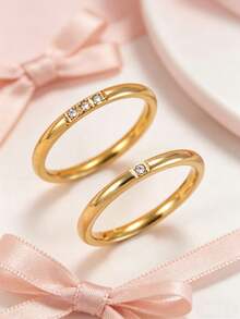 2pcs Exquisite Stainless Steel Rings With 1 Diamond And 3 Diamonds, Luxury Titanium Steel Jewelry, Suitable For Teenage Girls Daily Wear - Gold - View 10
