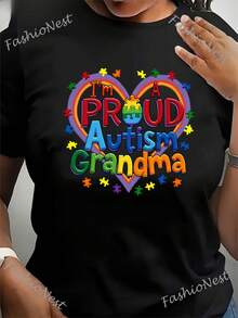 Women's Proud Autism Grandma T-Shirt - Autism Awareness Tee With Colorful Puzzle Heart Design, Soft Fabric Plus Size Tee, Machine Washable Grandma Gift For Autism Families - Casual 100% Pure Crew Neck T-Shirt, Soft, Spring/Summer - 黑色 - 查看 1