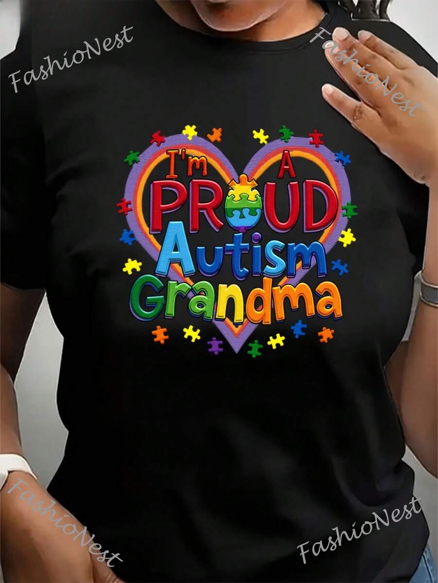 Women's Proud Autism Grandma T-Shirt - Autism Awareness Tee With Colorful Puzzle Heart Design, Soft Fabric Plus Size Tee, Machine Washable Grandma Gift For Autism Families - Casual 100% Pure Crew Neck T-Shirt, Soft, Spring/Summer - 黑色 - 查看 1