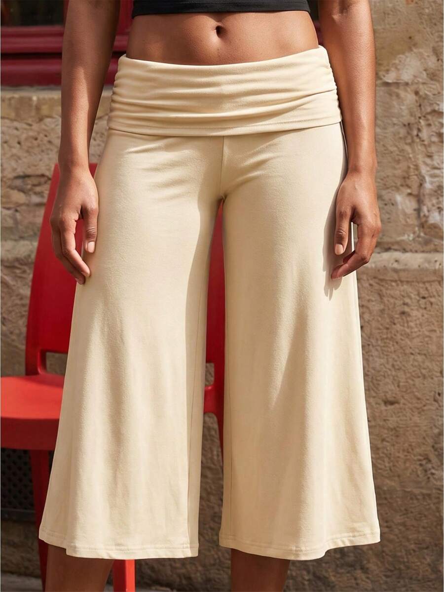 Women's Capri Pants Fold Over Waistband Low Rise Solid Color Wide Leg Cropped Lounge Trousers - 杏色 - 查看 1