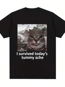 I Survived Today's Stomach " Battle Cat Fun Graphic Print T-Shirt, Xiaxin New Versatile Short Sleeve | Spring/Summer Versatile Women's Printed T-Shirt, Machine Washable, 95% Polyester, 5% Spandex Fabric, Regular Length - Negro - Ver 2