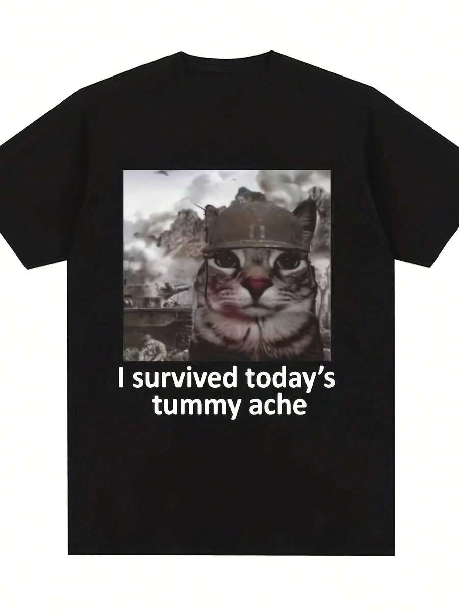 I Survived Today's Stomach " Battle Cat Fun Graphic Print T-Shirt, Xiaxin New Versatile Short Sleeve | Spring/Summer Versatile Women's Printed T-Shirt, Machine Washable, 95% Polyester, 5% Spandex Fabric, Regular Length