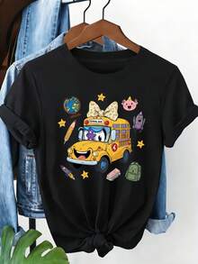 Cartoon Bus T-Shirt Design - A Casual White T-Shirt With A Cheerful Face, A Purple Character, A Pink Bow, A Balloon, A Pencil, A Pig, A Creature, A Rocket, A Star, A Red Book, And A Green Backpack - With A Tied Bottom, Ideal For - 黑色 - 查看 1