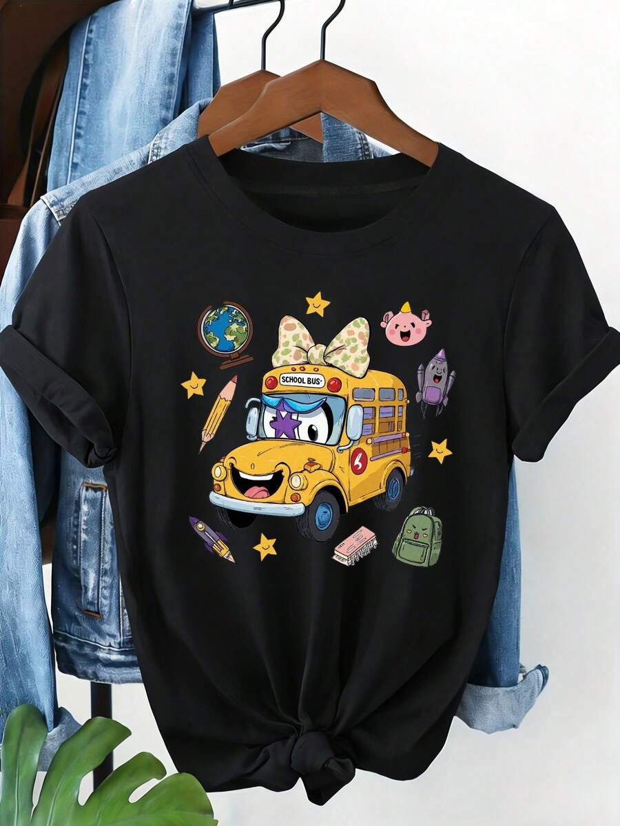 Cartoon Bus T-Shirt Design - A Casual White T-Shirt With A Cheerful Face, A Purple Character, A Pink Bow, A Balloon, A Pencil, A Pig, A Creature, A Rocket, A Star, A Red Book, And A Green Backpack - With A Tied Bottom, Ideal For - 黑色 - 查看 1