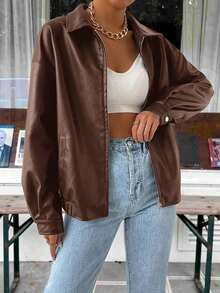 Short PU Leather Jacket With Zip Closure And Dropped Shoulders For Autumn/Winter - Brown - View 4