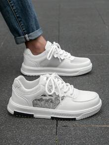 Men's Personality Contrast Color Random Print Patchwork Lace-Up Low-Top Round Toe Sneakers, Fashion Versatile Casual Breathable Shoes For Teenagers And Couples - White - View 9