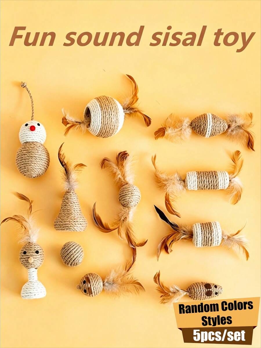 Wang Meow Pet Bộ 5 món đồ chơi cho mèo, đồ chơi cào móng bằng sợi sisal, đồ chơi gặm bằng sợi sisal, đồ chơi tương tác cho mèo với sợi sisal và lông vũ, thích hợp cho mèo con cào móng và chơi đùa, không cần pin. - Xem 1