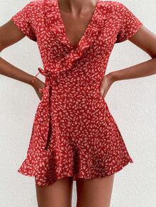 Vestido acampanado Floal de verano para mujer, Vestido corto ajustado con volantes florales y cuello en V para mujer, minivestido elegante con flores - Rojo - Ver 4