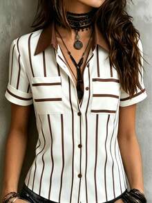 Elegante camicia a righe a maniche corte con colletto da donna, adatta per l'abbigliamento estivo - Castano - Visualizzare 1