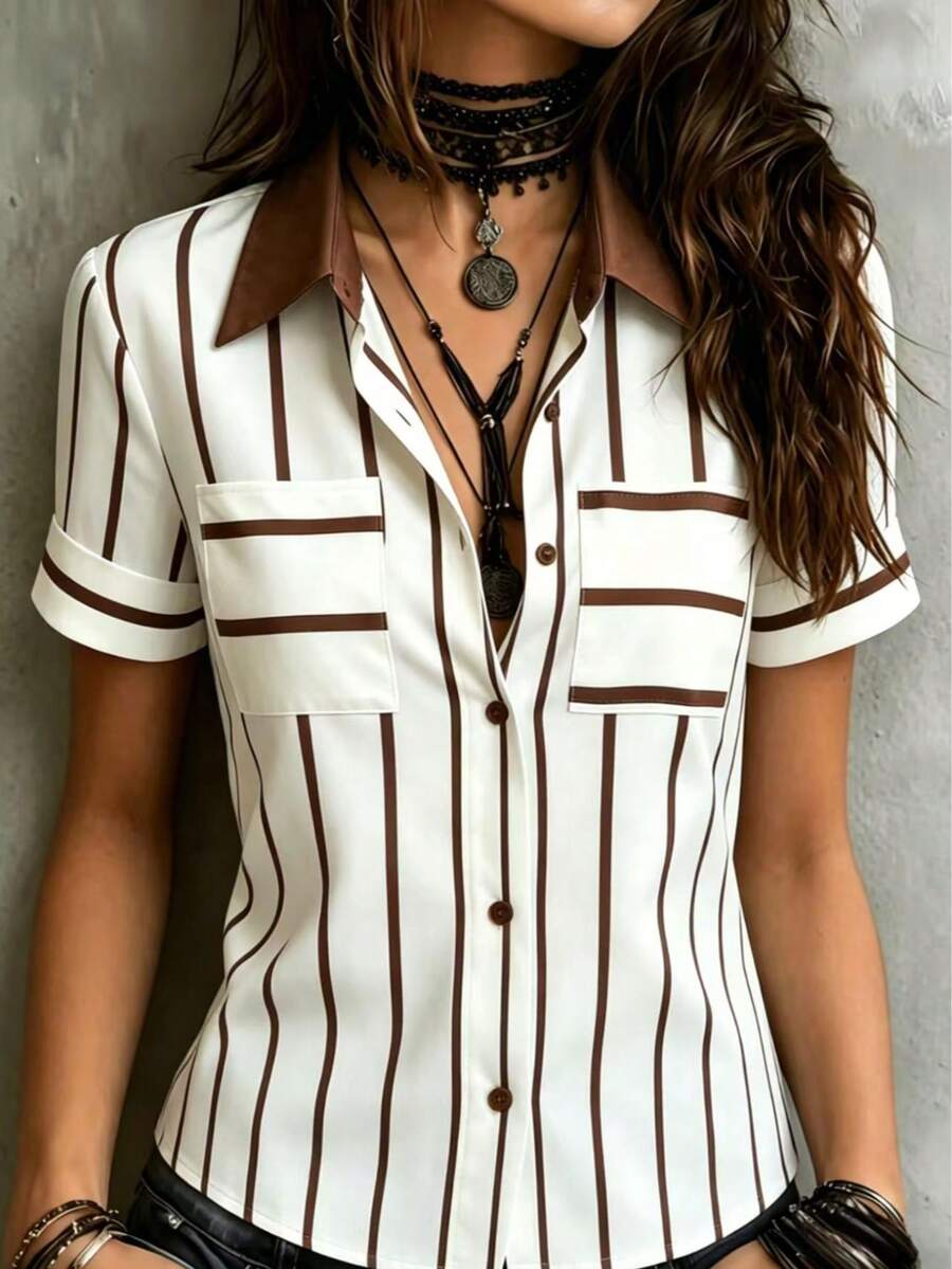 Elegante camicia a righe a maniche corte con colletto da donna, adatta per l'abbigliamento estivo - Castano - Visualizzare 1