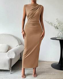 2026 Summer Women Ruched Bodycon Maxi Dress Sleeveless Lightweight Side Slit Elegant Cocktail Wedding Guest Formal Party Long Dress - 深卡其色 - 查看 2