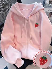 Sudadera con capucha y cremallera para mujer talla estándar, color rosa sólido, manga larga, bolsillo canguro y bordado de fresa, estilo casual y dulce, ideal para todo el año, uso diario, actividades al aire libre, gimnasio, escuela, combinaciones con jeans, leggings y faldas - Rosa - Ver 8