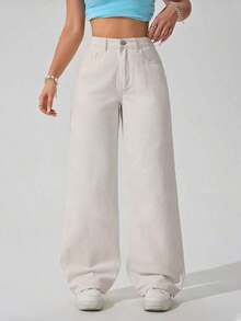 Pantalones vaqueros anchos sueltos y versátiles de mujer con diseño de bolsillos - Beis - Ver 1