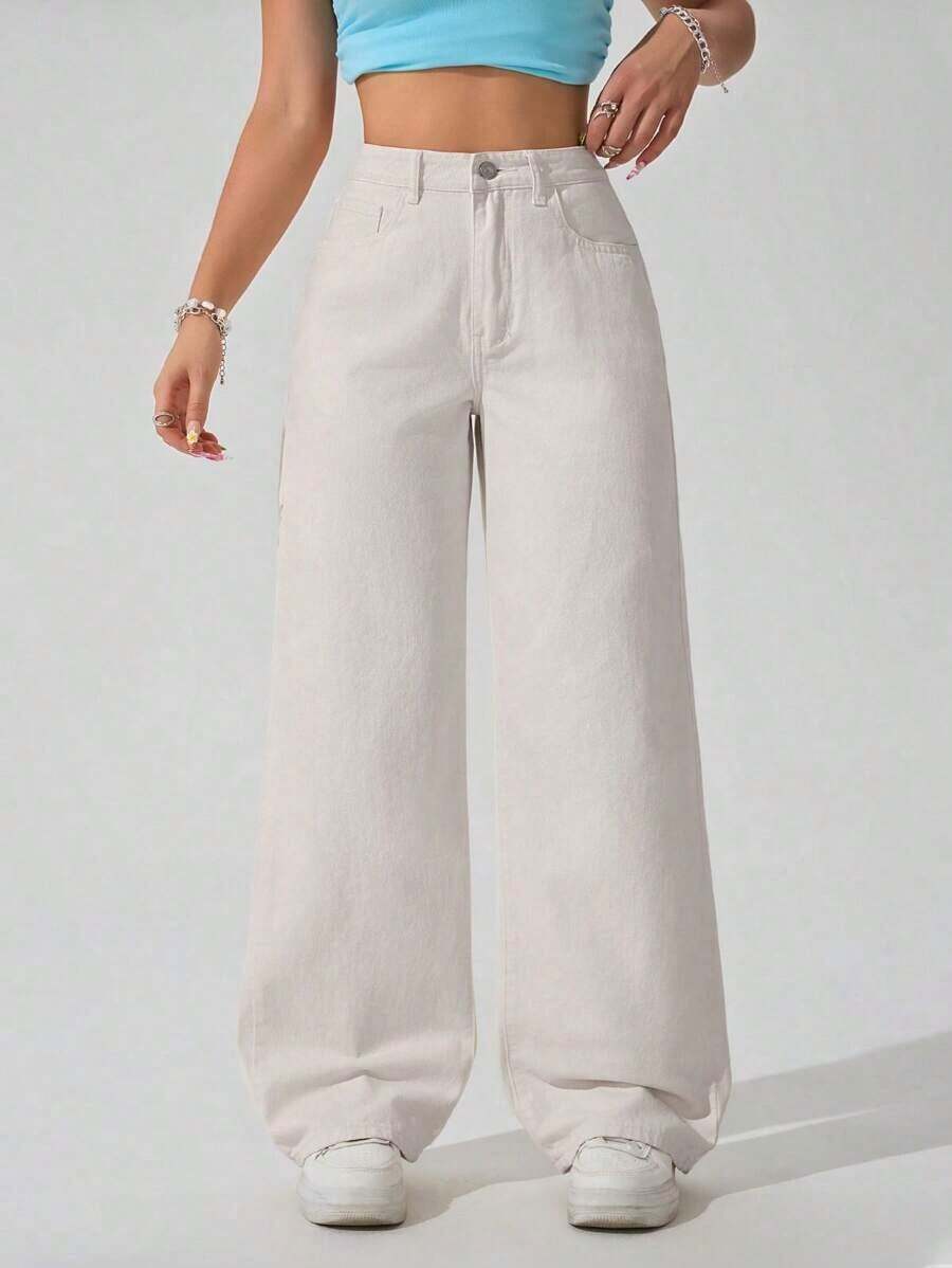 Pantalones vaqueros anchos sueltos y versátiles de mujer con diseño de bolsillos - Beis - Ver 1