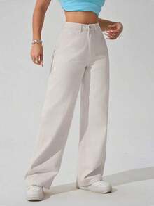 Pantalones vaqueros anchos sueltos y versátiles de mujer con diseño de bolsillos - Beis - Ver 5