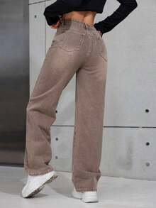 Pantalones vaqueros anchos sueltos y versátiles de mujer con diseño de bolsillos - Marrón 2 - Ver 3