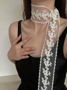 2条花卉刺绣蕾丝围巾 - 薄纱长款系带围巾，法式优雅女士颈巾，多功能装饰配饰，适合搭配连衣裙和各种服装，旅行必备，沙滩巾 - 彩色 - 查看 4