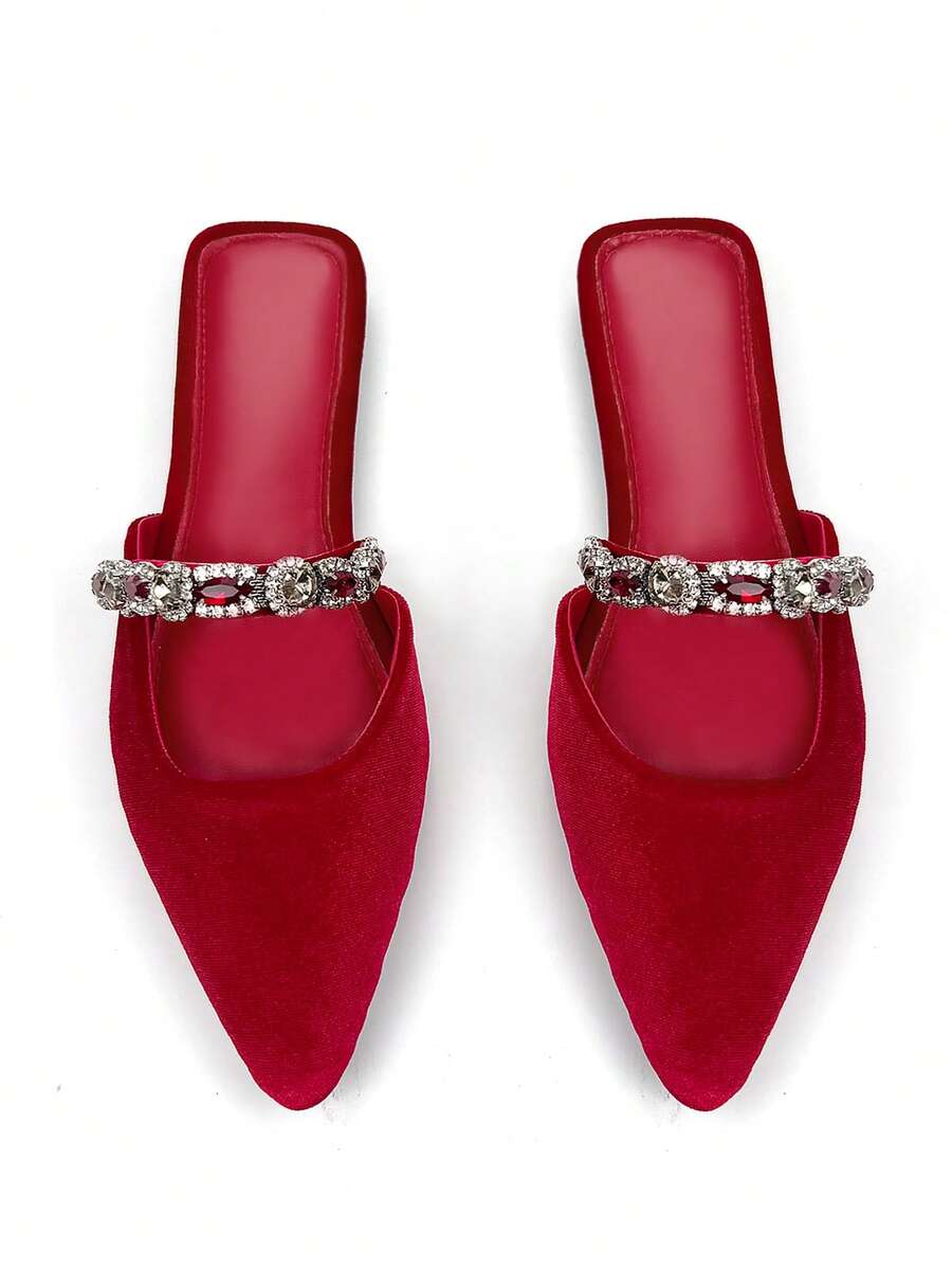 Sepatu Mule Wanita Mewah dengan Hiasan Rantai dan Tali Bertabur Berlian Imitasi, Nyaman untuk Pemakaian Sehari-hari dan Pesta - Merah - View 1