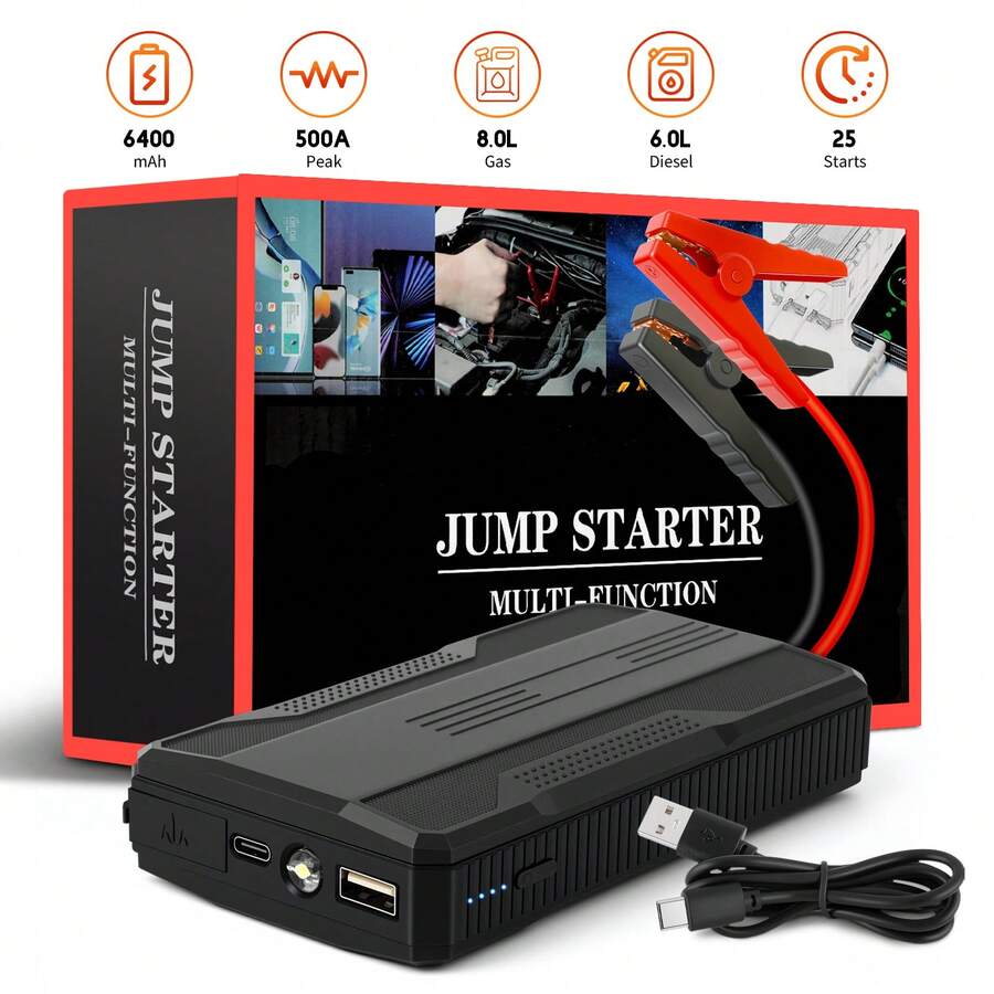 12V 500A/800A Peak Car Jump Starter & Power Bank Combo, 6400mAh Capacity, 3-Mode LED Light, USB & Type-C Fast Charging, 9-Layer Circuit Protection, Anti-Reverse Polarity Clamps, EVA Protective Case, Compact Smartphone-Sized Design, Reliable In -20℃ - A-black - View 1