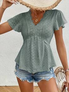 Camiseta elegante de estilo francés para mujer, camiseta con empalme y cuello con volantes y Falda plisada con ribete de encaje, ropa informal con estampado Floral a juego - verde - Ver 1