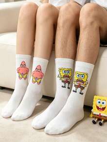 SpongeBob SquarePants 2 đôi tất dài đến bắp chân, in hình hoạt hình, kiểu dáng thường ngày, mỏng nhẹ, thoáng khí, phù hợp cho mùa xuân/hè. - Nhiều màu - Xem 6