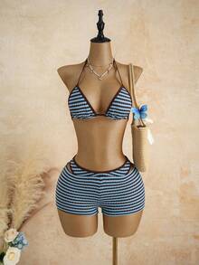 Bộ đồ bơi 3 mảnh dành cho nữ, bộ bikini kẻ sọc retro gợi cảm thời trang với quần cạp cao đồng bộ, thích hợp cho kỳ nghỉ thư giãn và tiệc bể bơi, đồ bơi và trang phục đi biển mùa hè dành cho nữ - Màu xanh lam - Xem 5