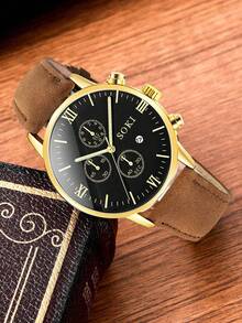 1 reloj de hombre, con función de calendario, esfera redonda de moda con movimiento de cuarzo, correa de PU, adecuado para uso diario, regalo de cumpleaños, fiesta, reunión festiva, regalo ideal para ti o tus amigos. No incluye caja de embalaje. - Marrón - Ver 3