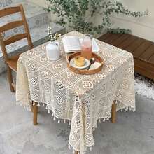 1 pieza Mantel de ganchillo de estilo rústico hecho a mano con forma cuadrada, adecuado para mesa de café, tocador, decoración de pared, con flecos - Beige - Ver 11