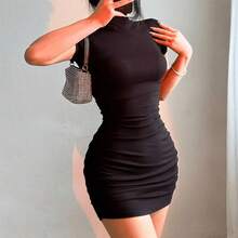 Minivestido Sexy ajustado con cuello medio alto y cintura plisada, Vestidos ajustados picantes para niñas, Vestidos ajustados para Mujer, Cortos, ropa de fiesta para Mujer - Negro - Ver 1