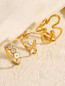 3pcs 18K Gold Plated Stainless Steel Non-Fading Geometric, Floral, Egg-Shaped Adjustable Waterproof Rings Set, Elegant Fashion Accessories For Women, Suitable For Daily, Beach, Party, Date Wear, Gift - Multicolor - View 6