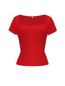 Vaiaye Women's Sexy Fitted Knit Top, Solid Color Square Neck Casual T-Shirt, Spring/Summer - Bright Red - View 3
