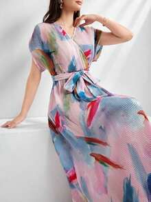 Vestido maxi de verano para mujer, estampado abstracto, cuello en V superpuesto, manga murciélago y cintura ajustable - Morado - Ver 1