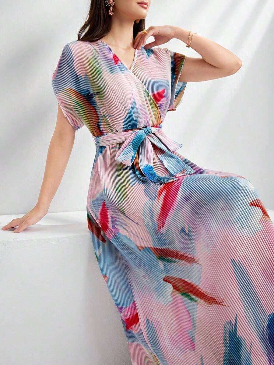 Vestido maxi de verano para mujer, estampado abstracto, cuello en V superpuesto, manga murciélago y cintura ajustable - Morado - Ver 1