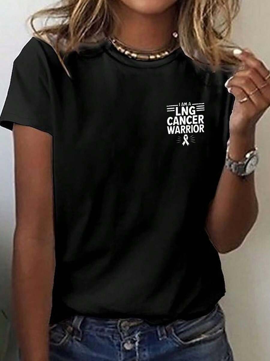 Lung Tape Print T-Shirt, Short Sleeve Crew Neck Casual Top For Summer And Spring, Women's Clothing - Black - View 1