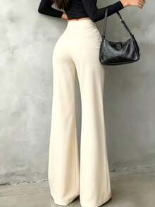 Pantalones rectos negros sólidos, casuales y elegantes para mujer.La línea de cintura asimétrica en forma de V acentúa las curvas, adecuados para uso diario, oficina, citas y vacaciones de primavera - Albaricoque - Ver 3