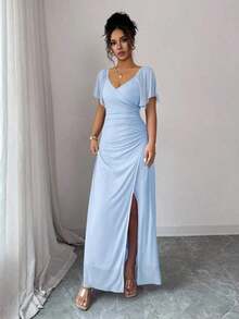 sfvsElenzga Vestido morado claro con cuello en V, mangas con volantes, cintura plisada y abertura, vestido elegante de dama de honor, vestido de fiesta, primavera/veranovfdw 42OE - Azul - Ver 6