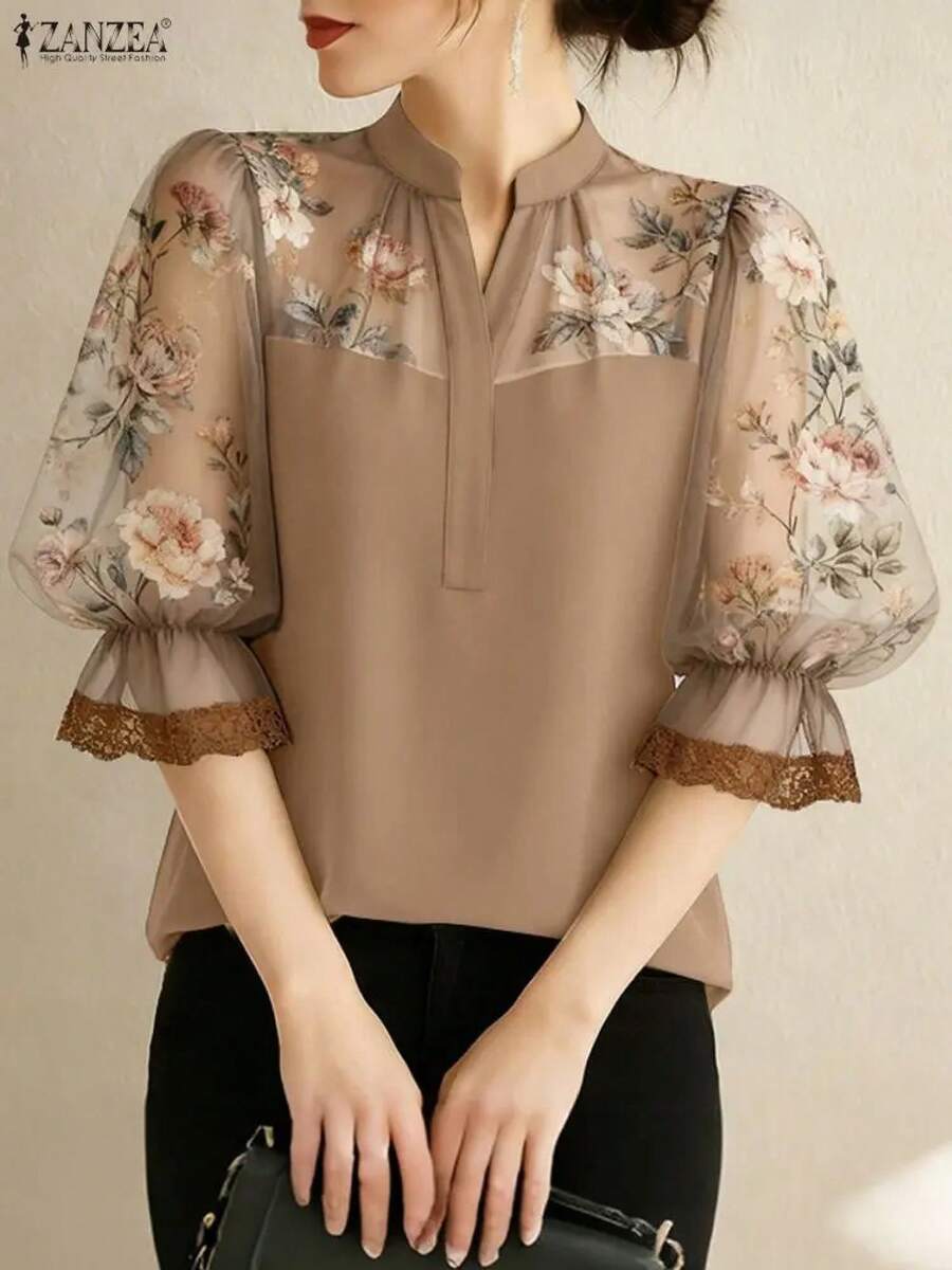 ZANZEA-Blusas elegantes para mujer, Tops de retales de gasa con estampado Floral, Tops a la moda con cuello en V, manga abombada 3/4, adornos de encaje, ropa para mujer S-3XL - Caqui - Ver 1