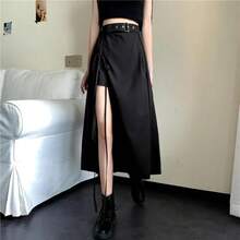 Faldas de media pantorrilla con abertura alta gótica oscura Vintage para mujer, falda elegante a la moda para fiesta y Club, parte inferior de cintura alta para mujer, ropa de calle gótica - 9515-1HS - Ver 1