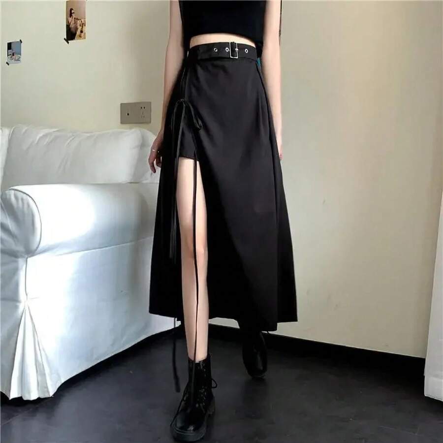 Faldas de media pantorrilla con abertura alta gótica oscura Vintage para mujer, falda elegante a la moda para fiesta y Club, parte inferior de cintura alta para mujer, ropa de calle gótica - 9515-1HS - Ver 1