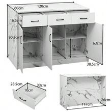 Gran isla de cocina de 120 x 60 x 90,5 cm, 3 cajones y 3 puertas, diseño en mármol blanco, estantes ajustables, cajones silenciosos, diseño con barra. Utensilios de cocina elegantes y prácticos. - Blanco, mármol blanco - Ver 2