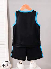 2pcs/Set Young BoyFootball Net Print & Contrast Color Casual Sports Style Outfit, Suitable For Daily Wear, Sports, Football Match, Spring/Summer - Black - View 2