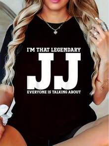 Plus Size - Mujeres "I'm That Legendary JJ" Bold JJ Text & Geometric Print Y2K Graphic T-Shirt - Transpirable Crew Neck Casual Tee, Tamaños S-XXL, Negro Streetwear Top de moda para traje casual, ropa cómoda, camisa de diseño juguetón, ropa de detalle aplicado, traje diario, estilo retro, material ligero, declaración de la camisa, amantes de la moda - Negro - Ver 2