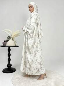 Set de 2 piezas: Hiyab + Abaya abierta, Hiyab de cárdigan con estampado floral islámico musulmán moderado de Dubai, adecuado para uso diario de mujeres, accesorios, esencial de viaje - Multicolor - Ver 2