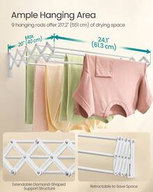 SONGMICS Clothes Drying Rack, Wall-Mounted Drying Rack Clothing, Accordion Laundry Rack, 9 Staggered Hanging Rods, Expandable And Retractable, Steel - trắng - Xem 3