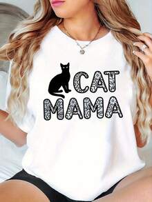 Top de manga corta con cuello redondo, con impresión de mamá del gato, perfecto para el uso casual de primavera y verano - Blanco - Ver 2