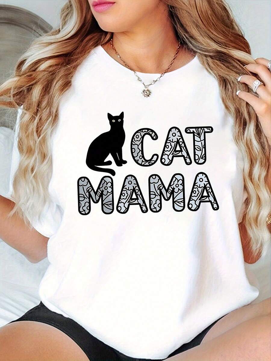 Top de manga corta con cuello redondo, con impresión de mamá del gato, perfecto para el uso casual de primavera y verano