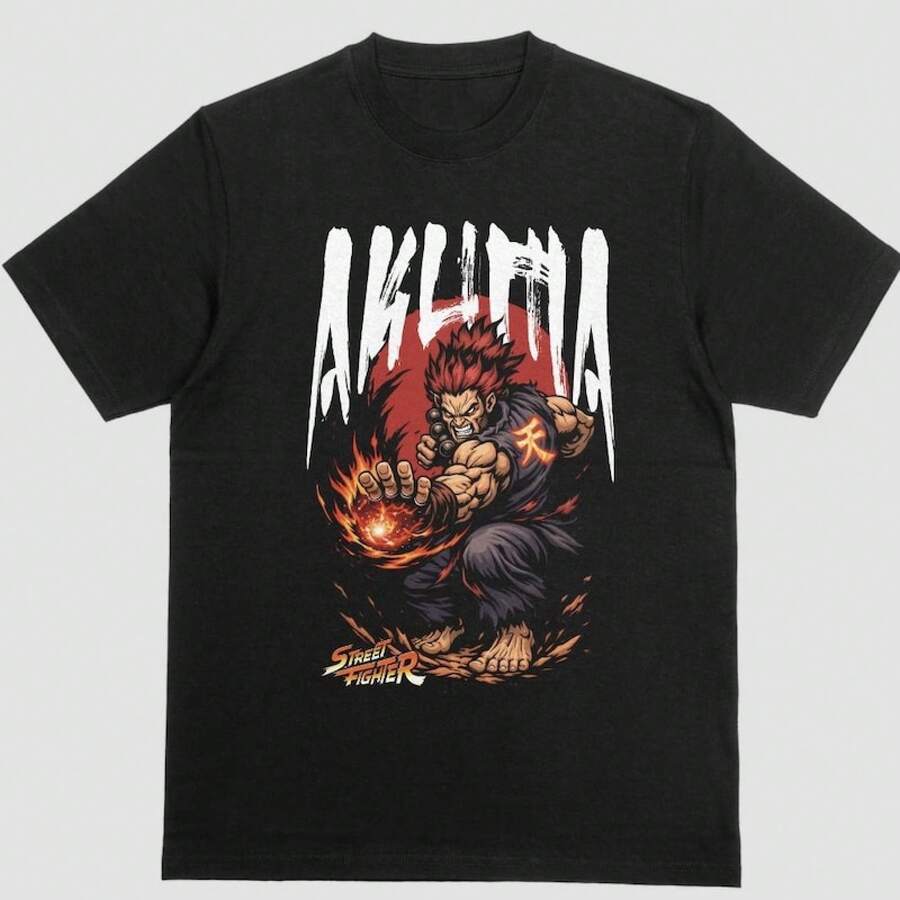Unisex T-Shirt Made Of Pure Cotton, Akuma  Shirt  Retro Gaming Tee, Japanese Kanji, Dark Hadou Graphic Pump Cover, Summer T-Shirt, Blouse, Basic Tops, Tops, Creative Design, Outdoor Play, Cool Style, Fun Design, Great For Outdoor Play, Creative Design, Outdoor Play, Cool Style, Fun Design, Great For Outdoor Play - Black - View 1